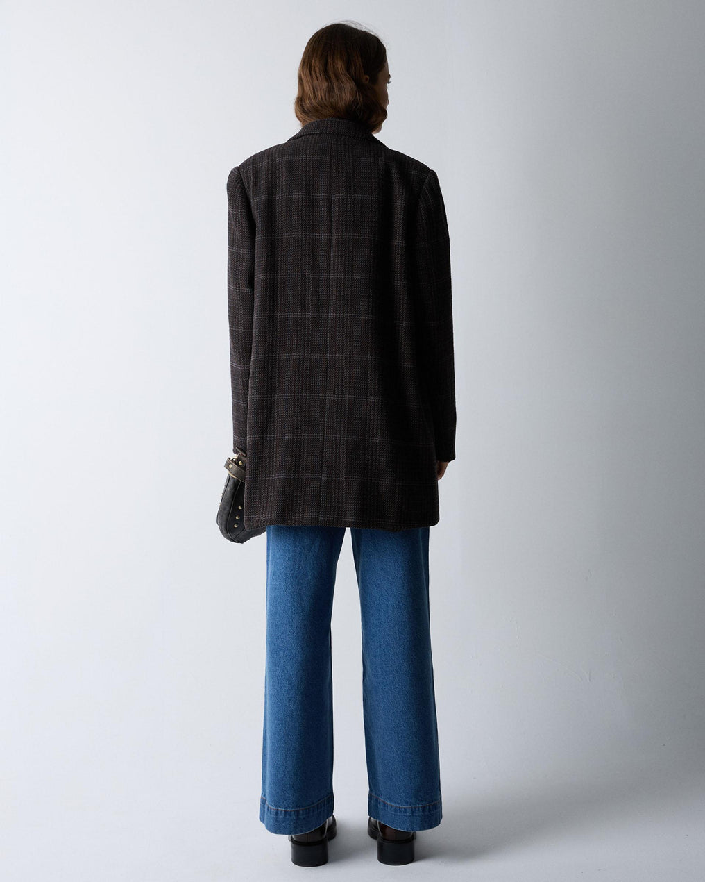 Abrigo Cuadros Solapa Mezcla Lana Marrón