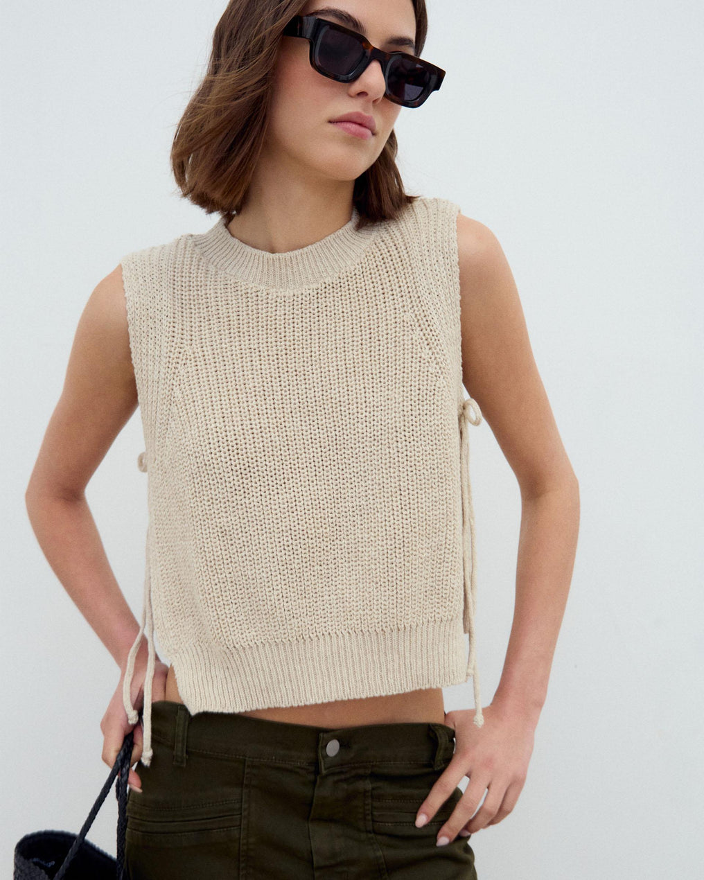 Top Stitch Side Slits Beige