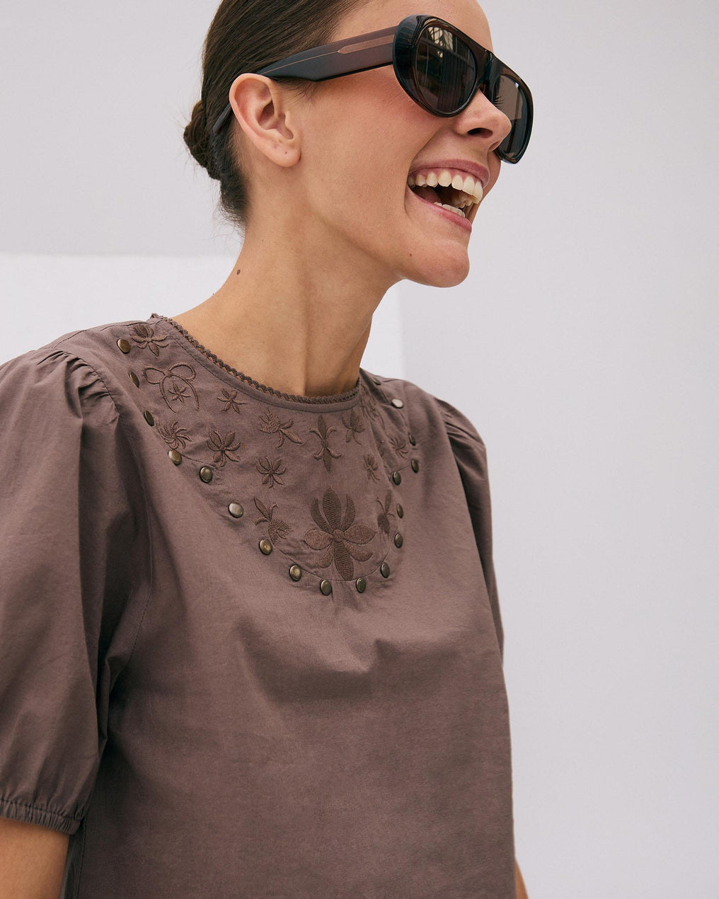 Embroidered Studded Brown Blouse