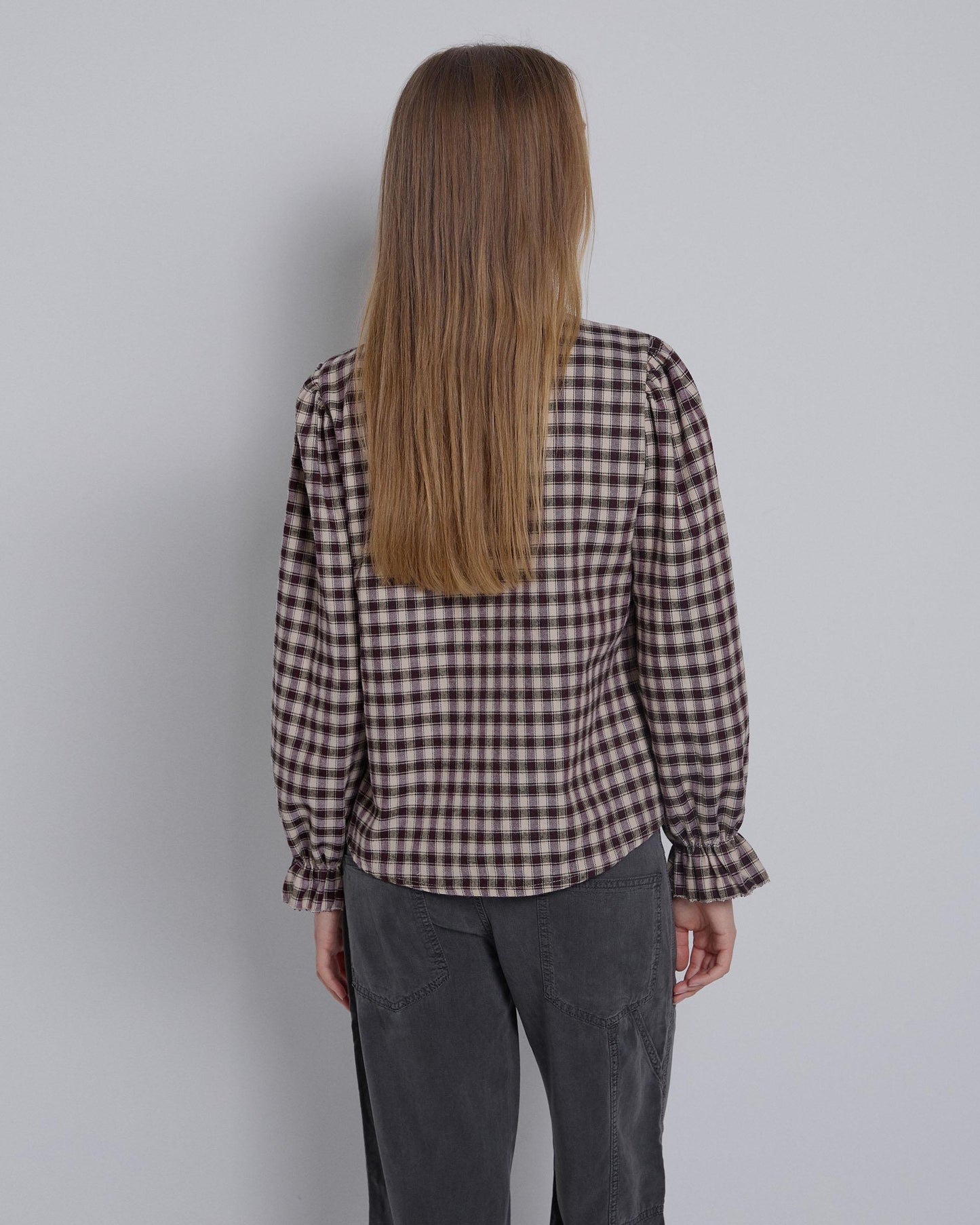 Blusa Cuadros Cuello Mao Volante Morado