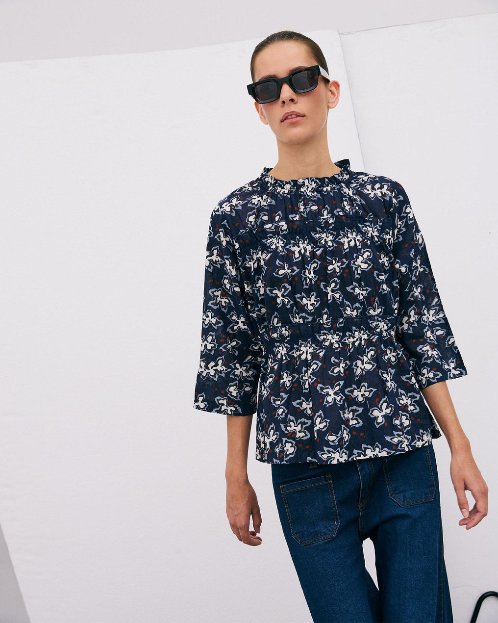Navy Blue Floral Print Long Sleeve Blouse with Gathers