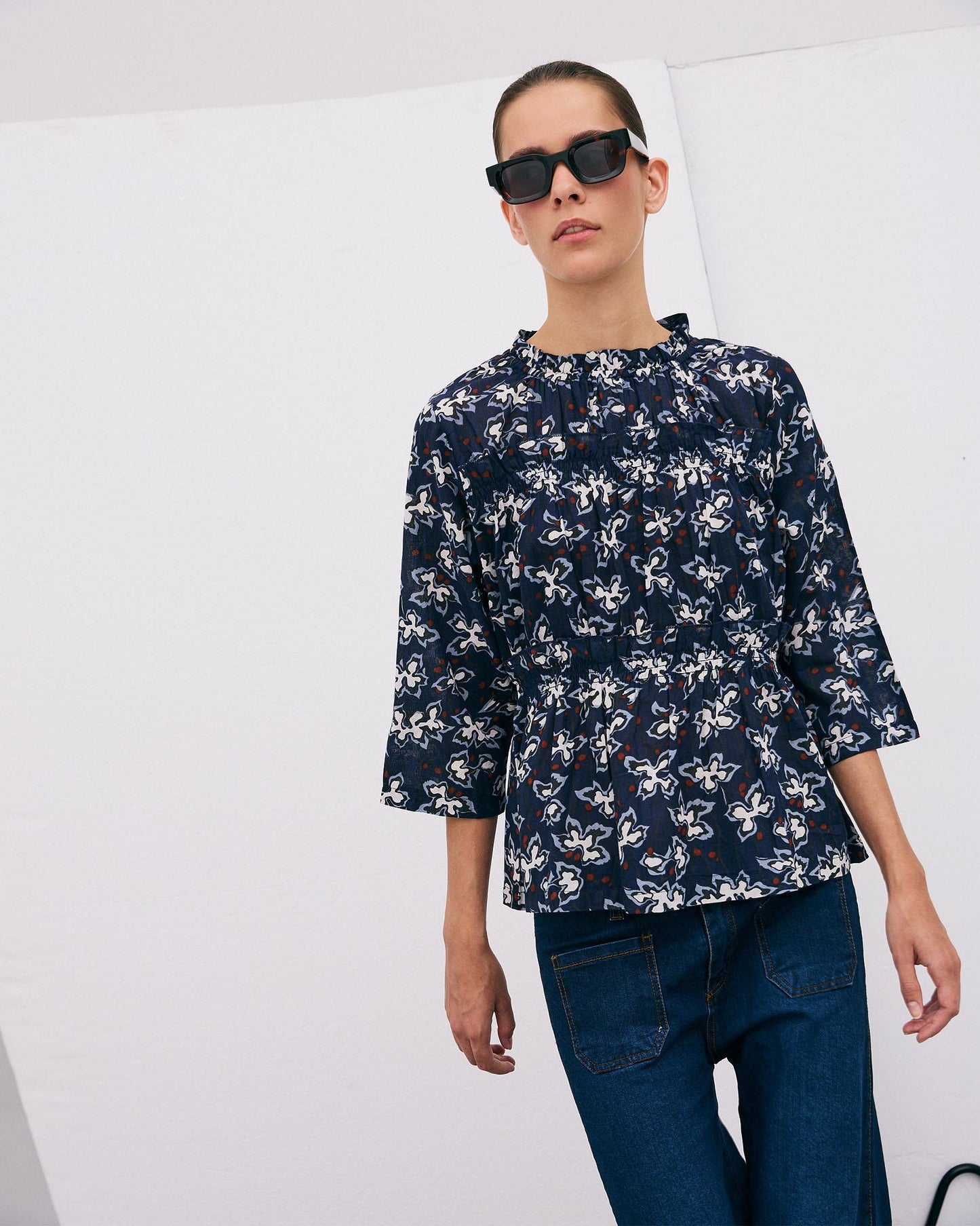 Navy Blue Floral Print Long Sleeve Blouse with Gathers