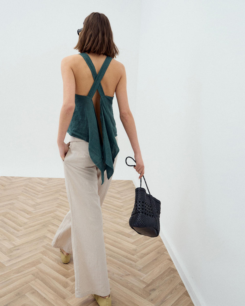 Dark Green Backless Linen Top