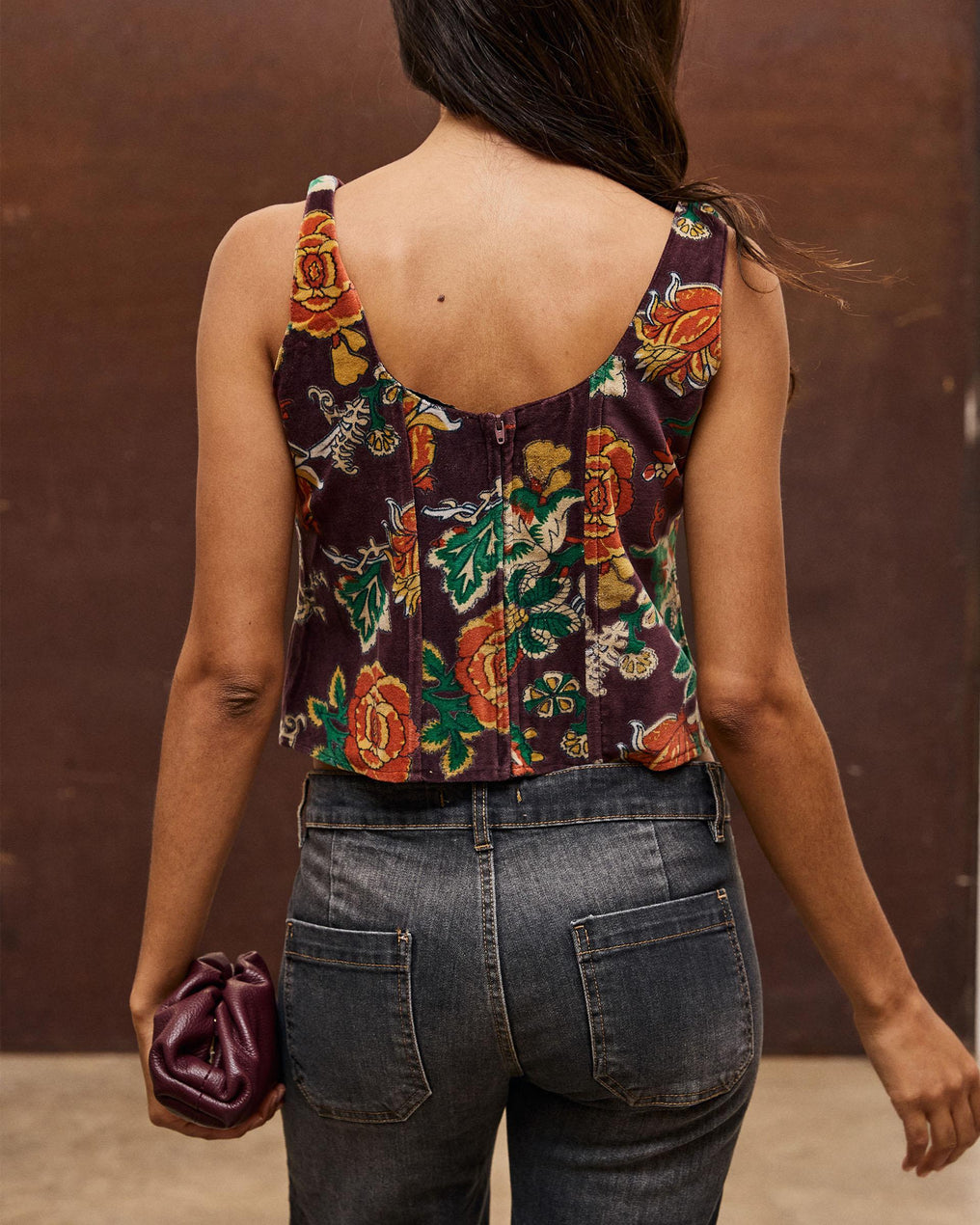 Top Corsetero Terciopelo Estampado Marrón