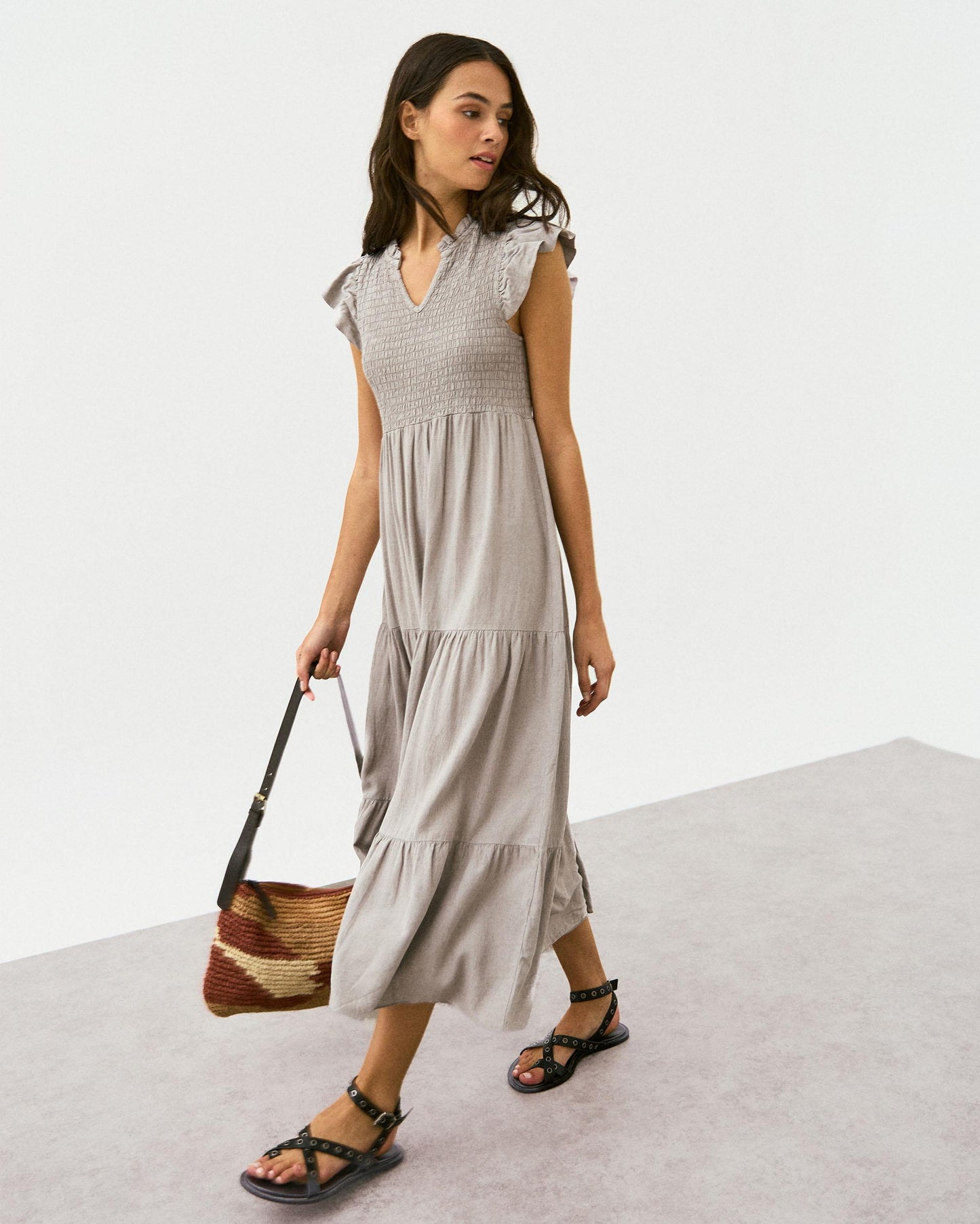 Vestido Largo Lino Nido De Abeja Taupe