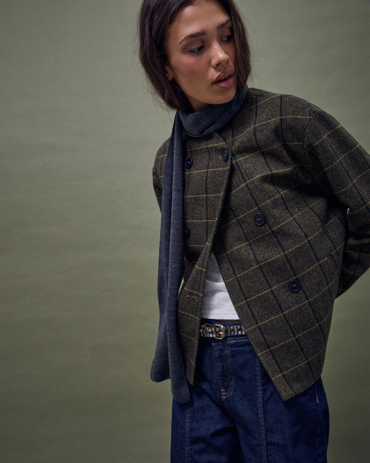 Chaqueta Botones Delanteros Mezcla Lana Verde
