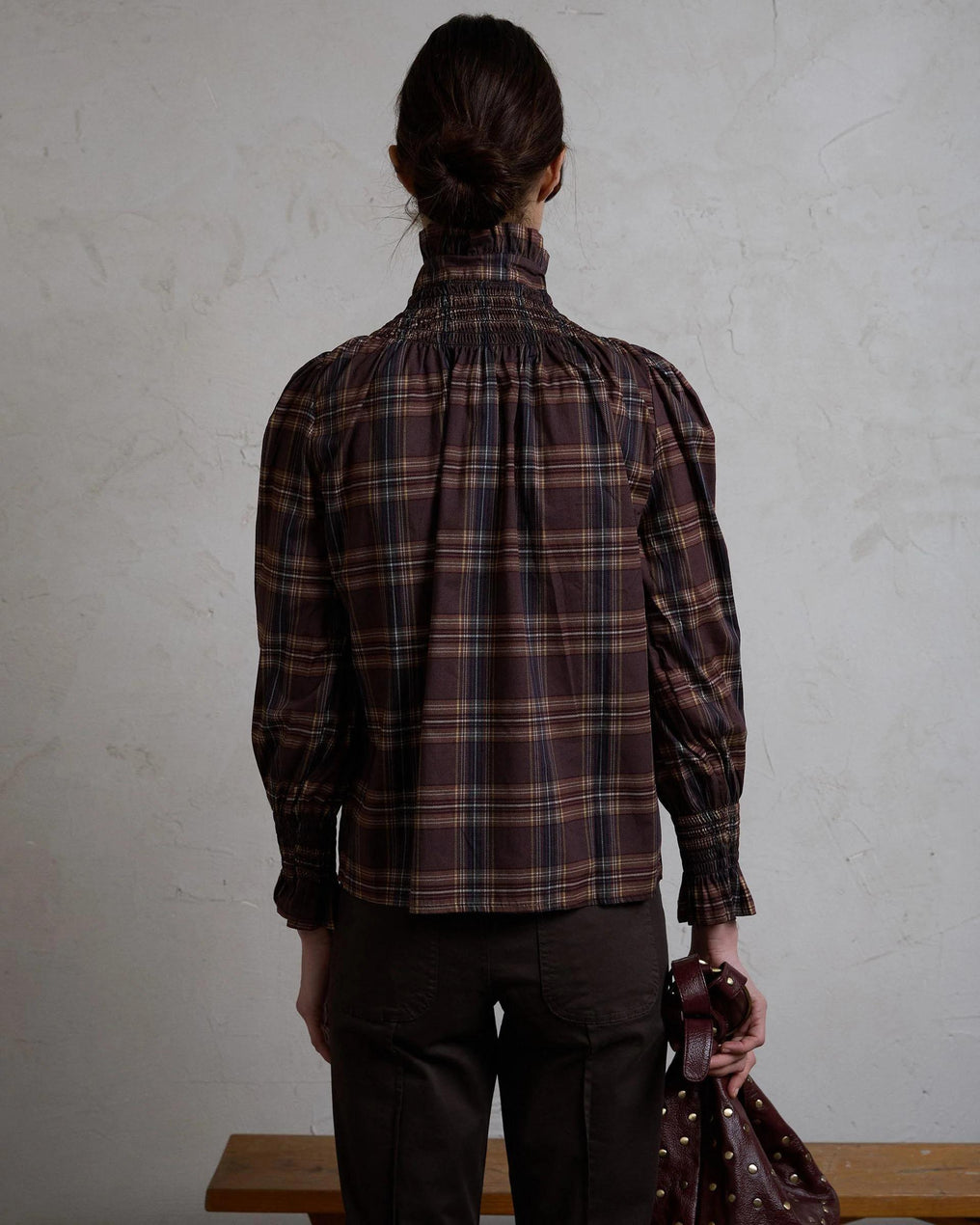 Brown Checkered Collar Honeycomb Blouse