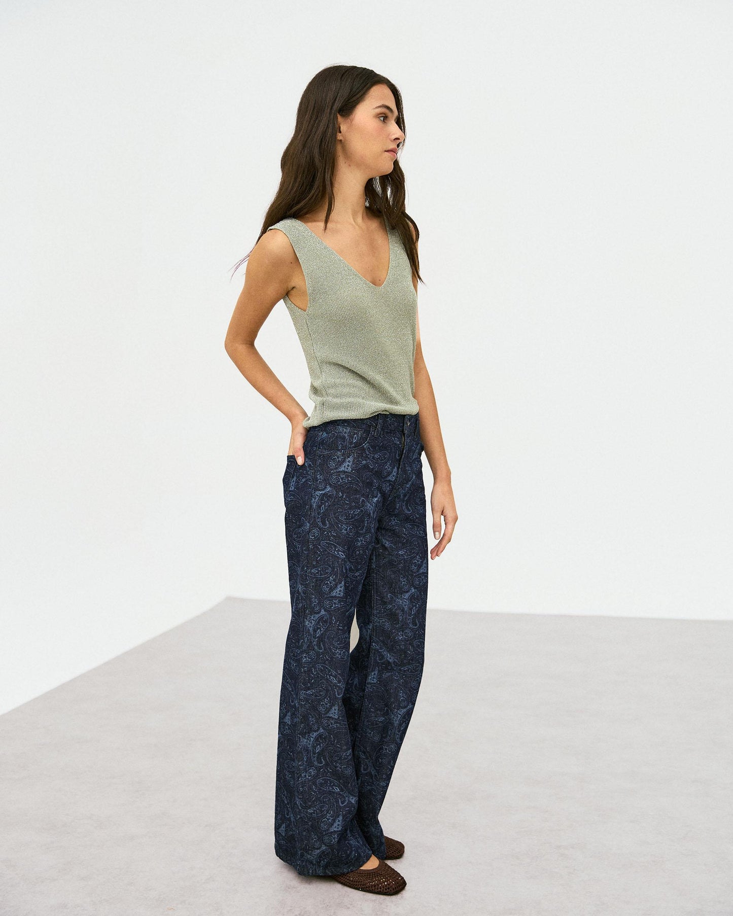 Jeans Wide Leg Estampado Azul Oscuro