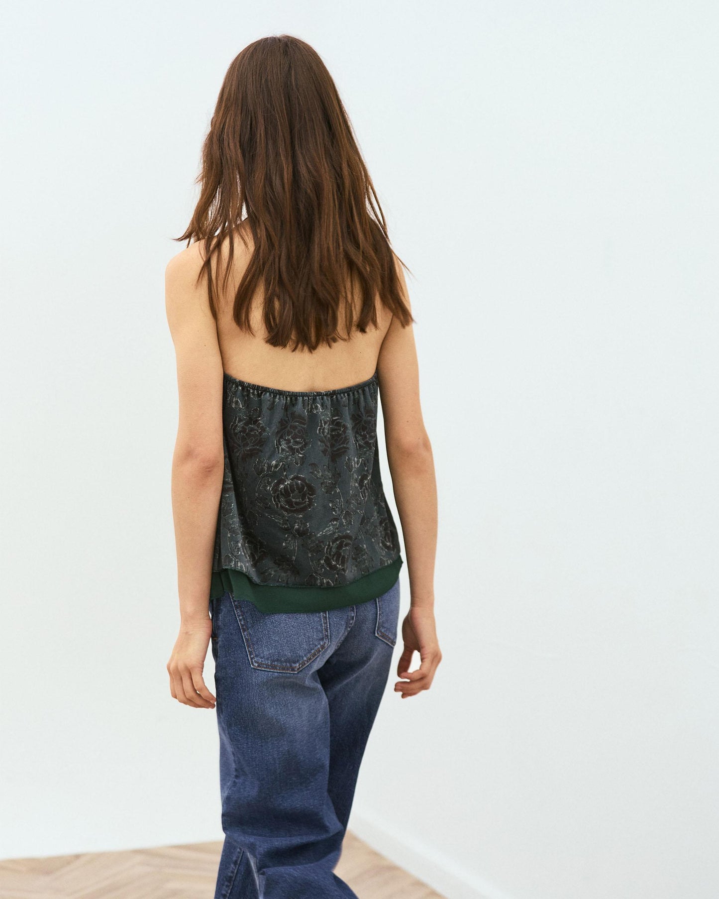 Top Halter Terciopelo Estampado Floral Verde Oscuro