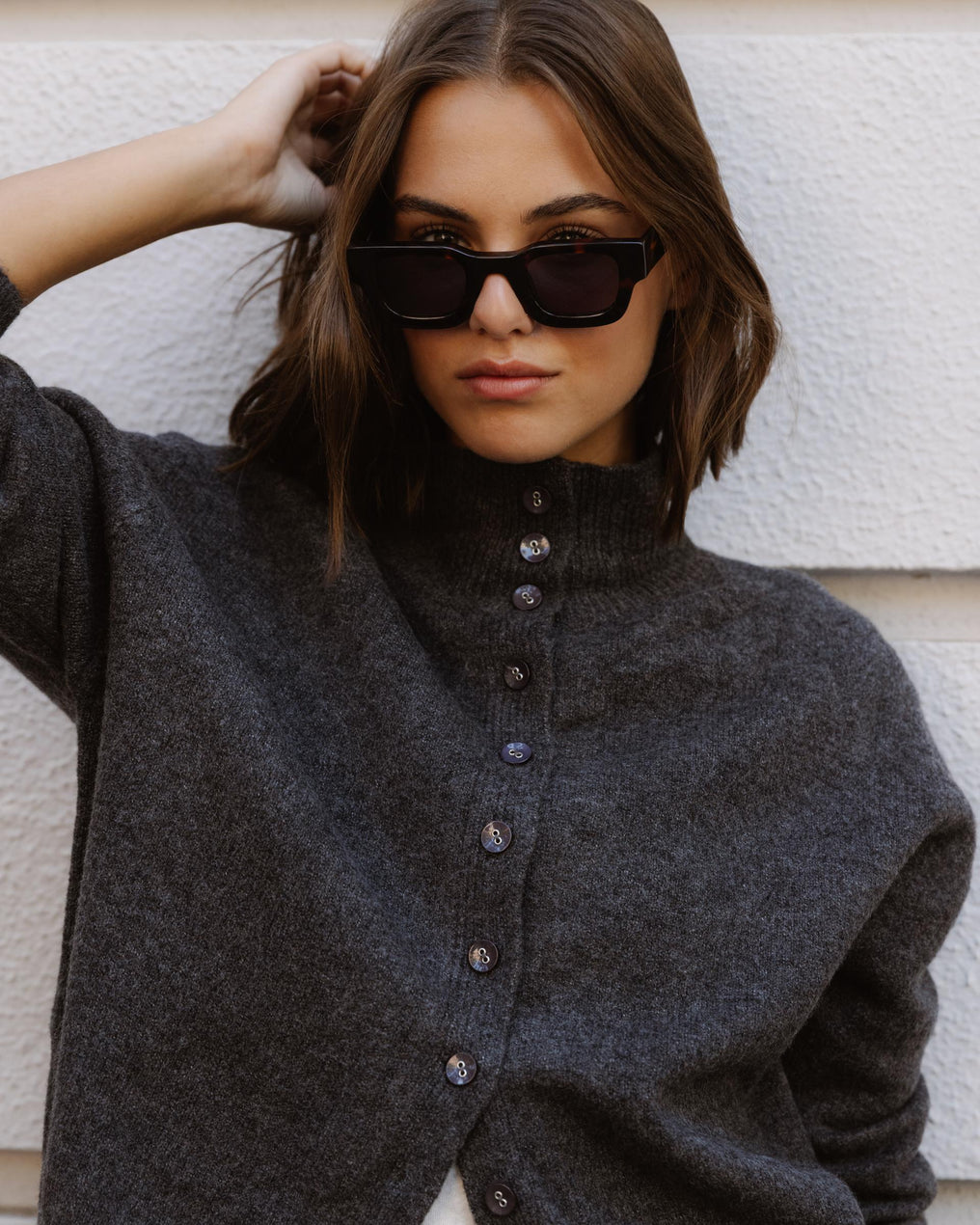 Cardigan Anthracite à Col Montant et Boutons