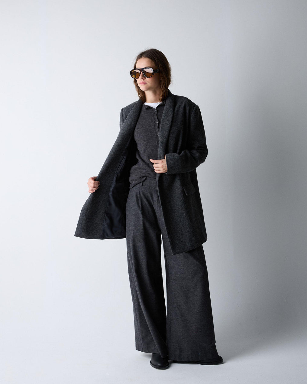 Abrigo Paño Solapa Mezcla Lana Gris