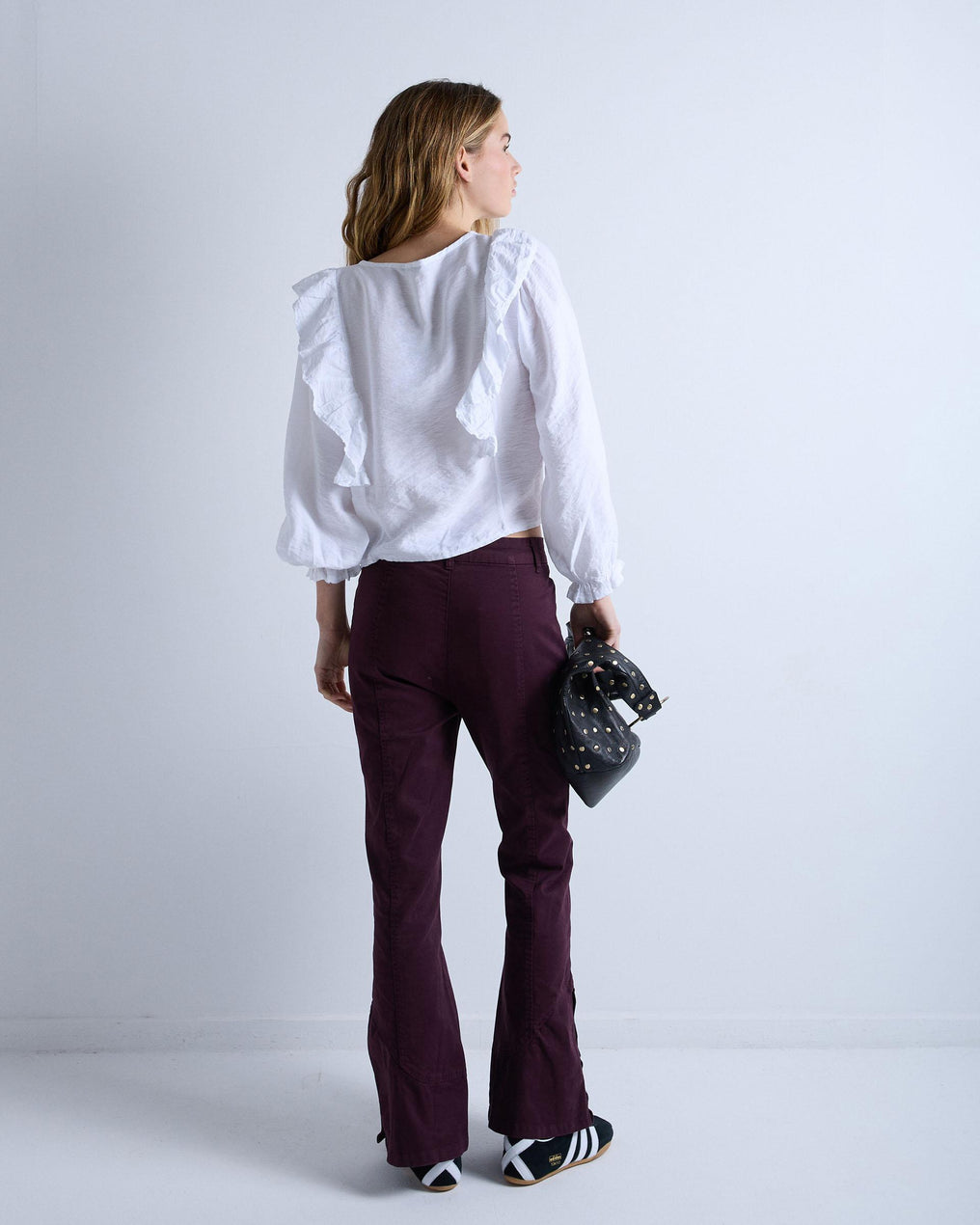 Jeans with Button Stitching and Burgundy Hem