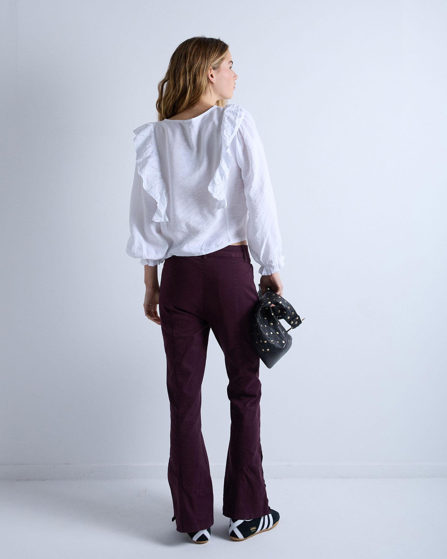 Jeans with Button Stitching and Burgundy Hem