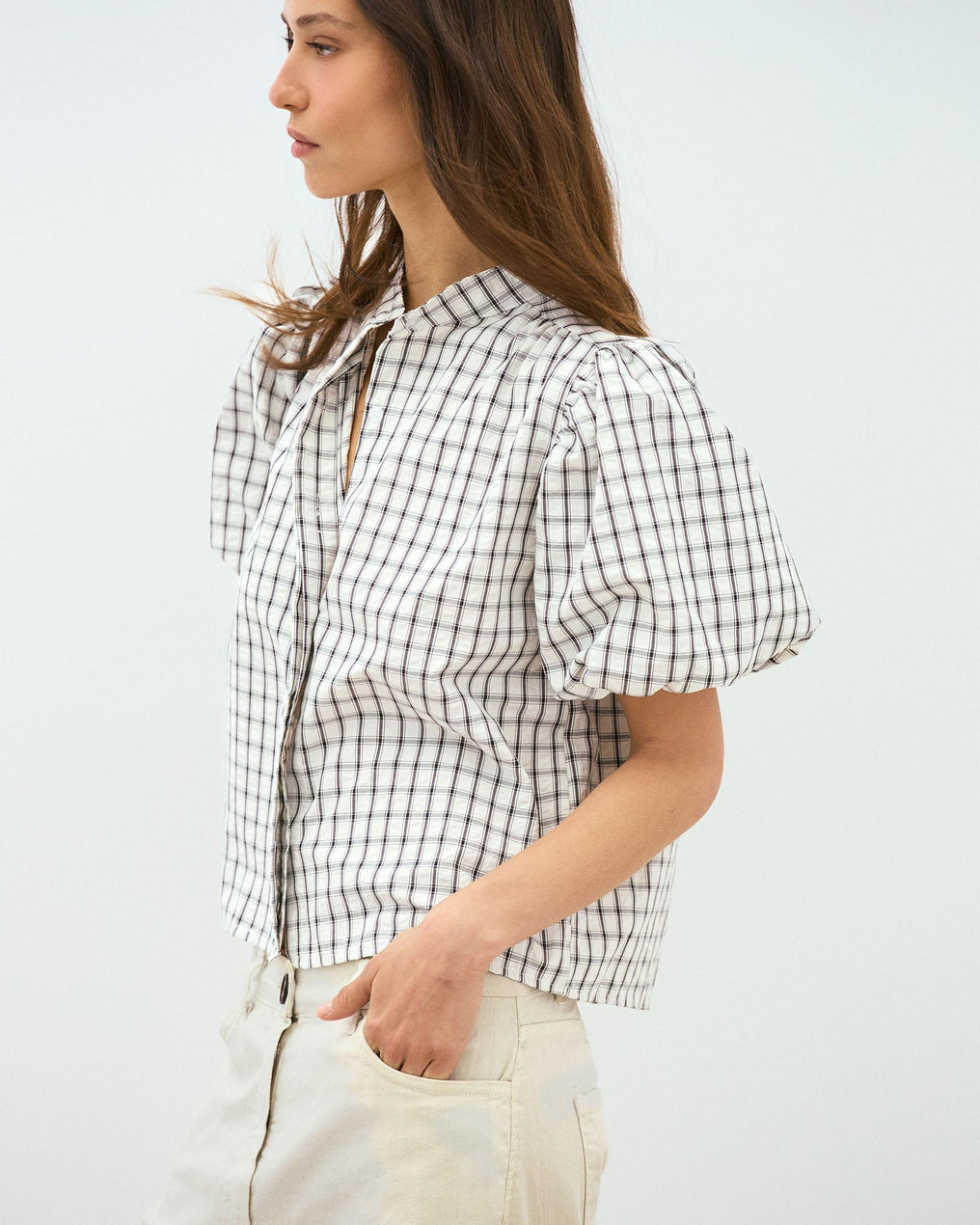 Puff Sleeve Gingham Blouse White