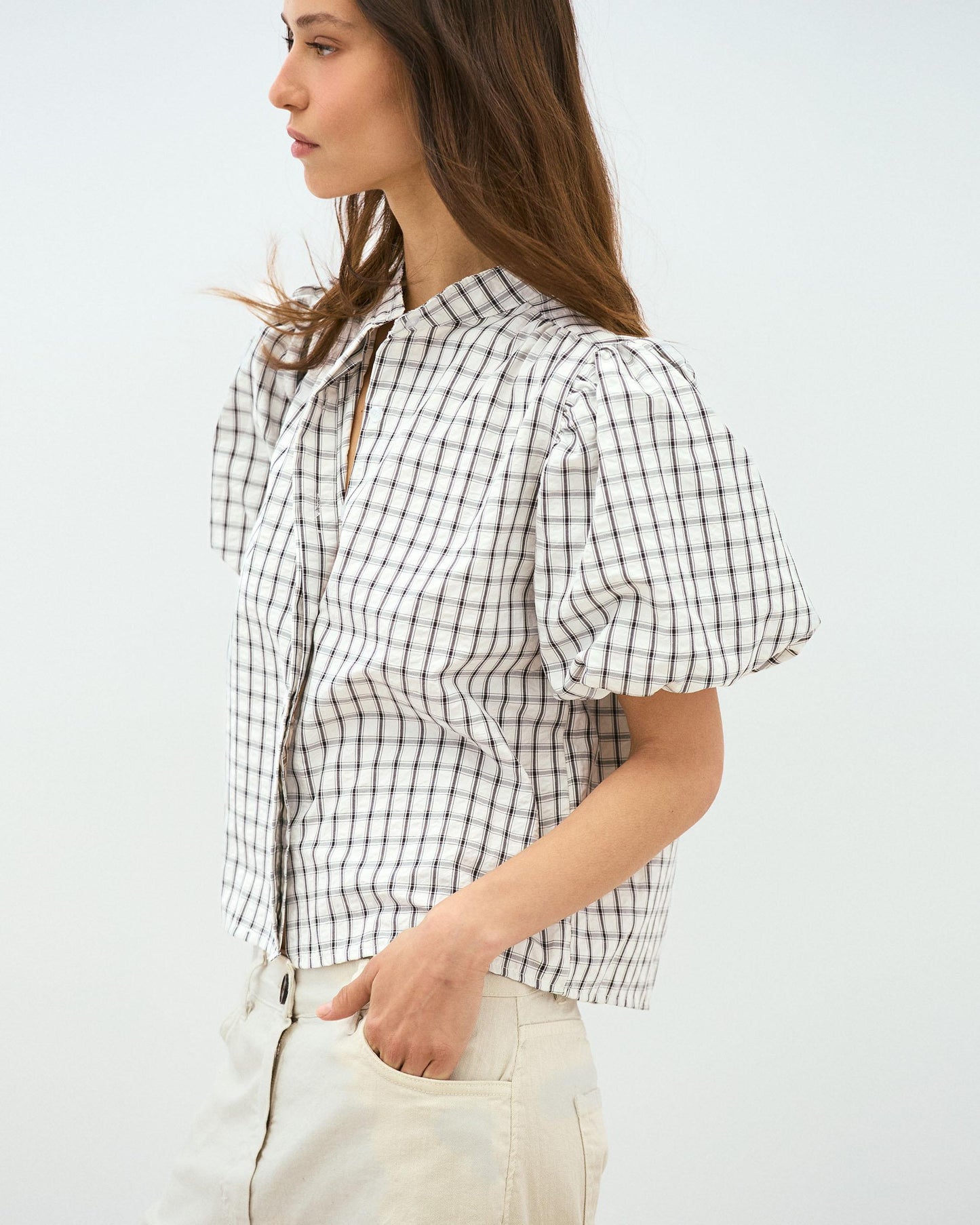 Puff Sleeve Gingham Blouse White