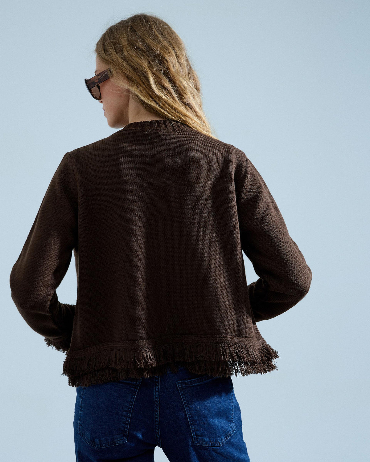 Chaqueta Punto Flecos Marrón