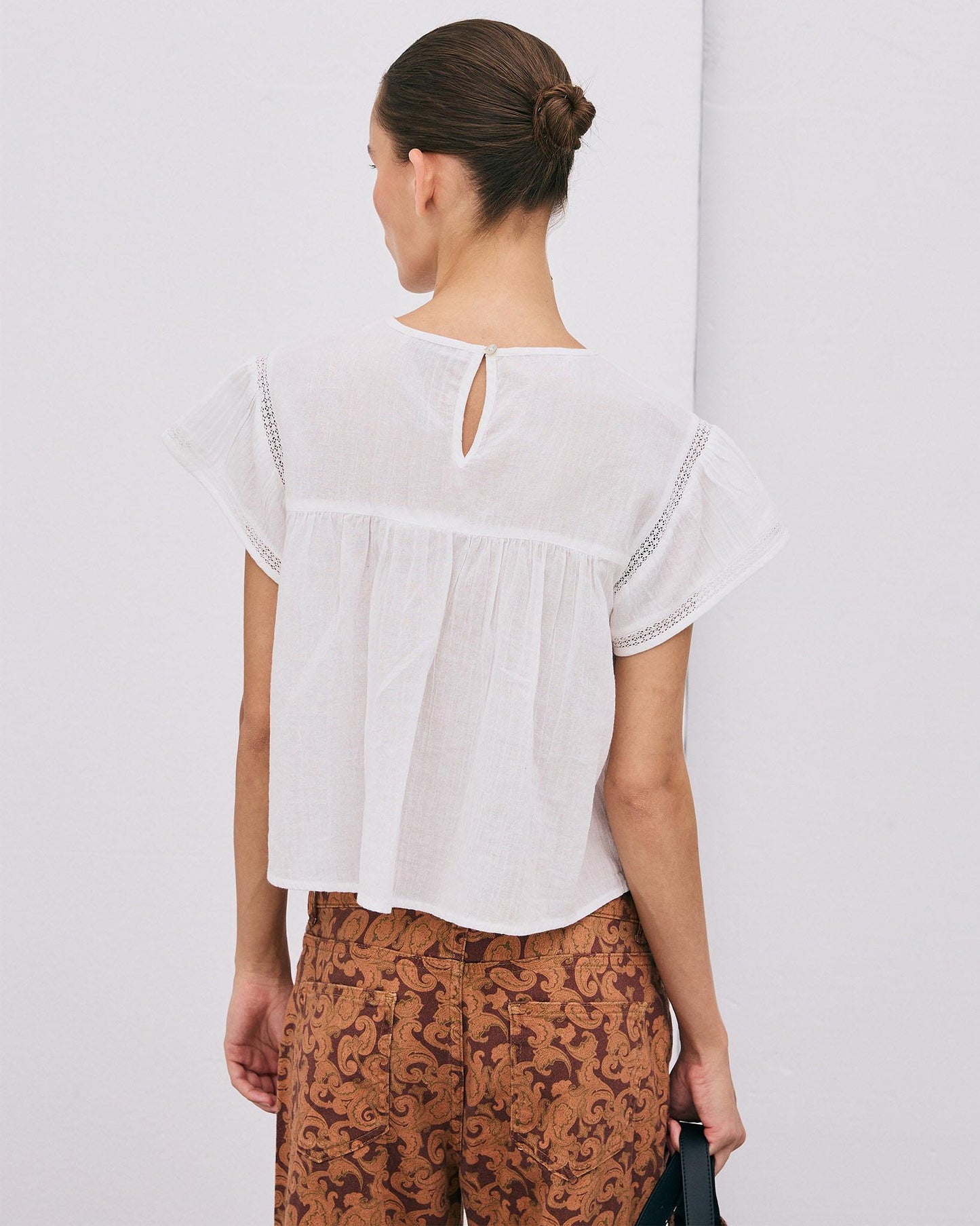 Blouse Manches Courtes Dentelle Avant Blanc