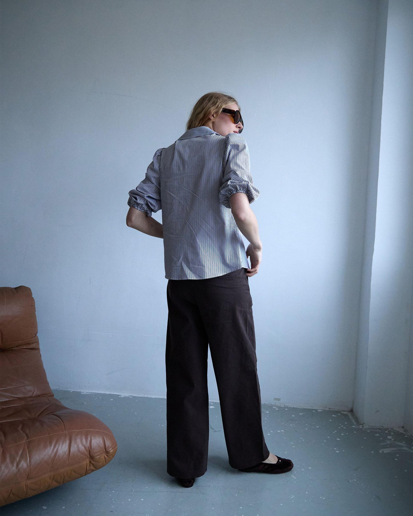 Camisa Rayas Manga Abullonada Azul Marino