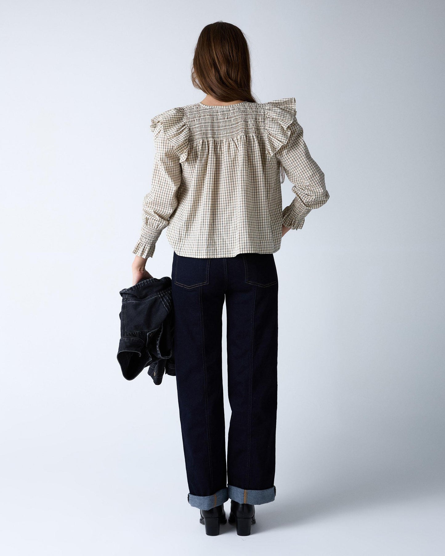 Blusa Cuadros Volantes Crudo