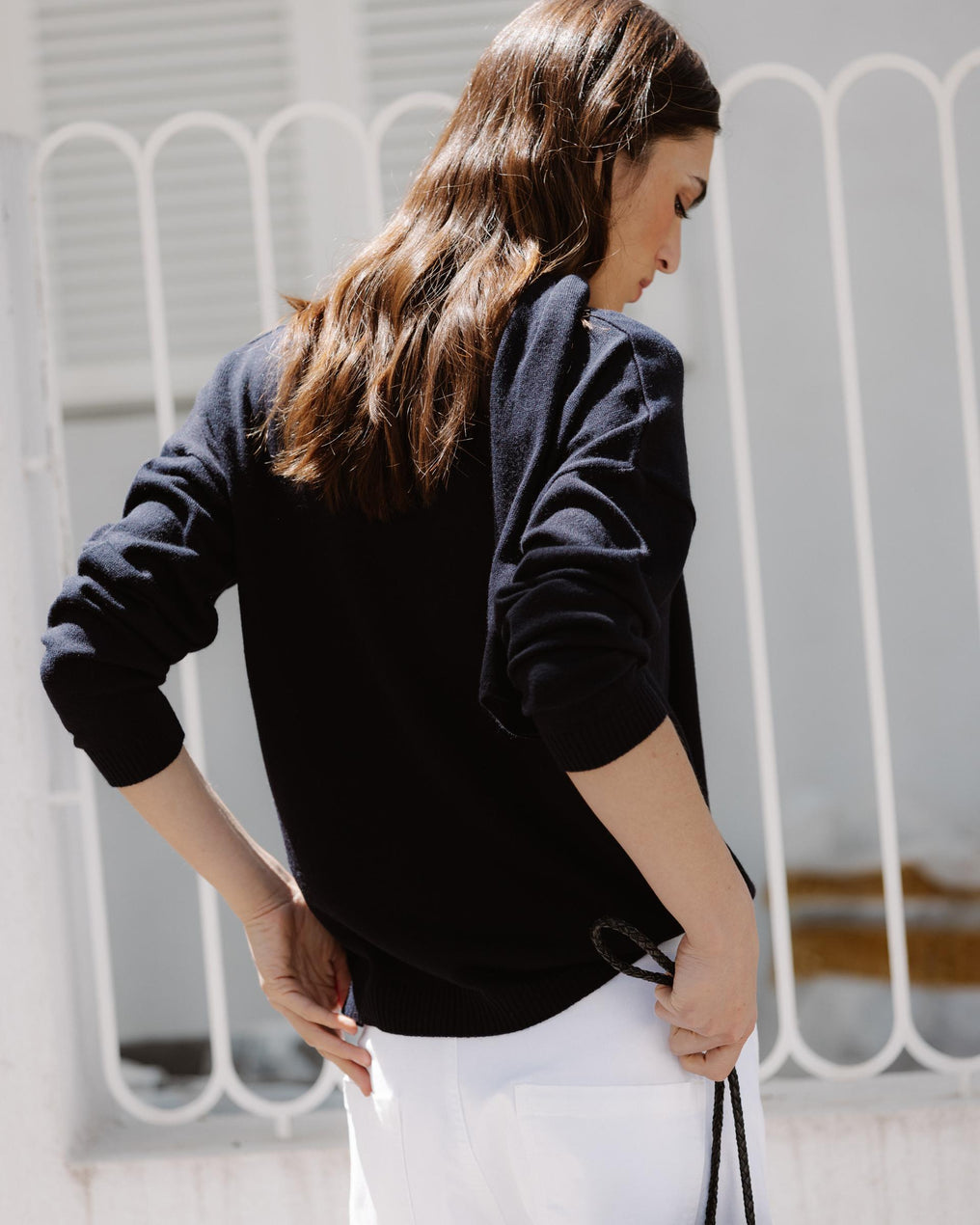Sweater de Malha Fina Cachecol Azul Marinho