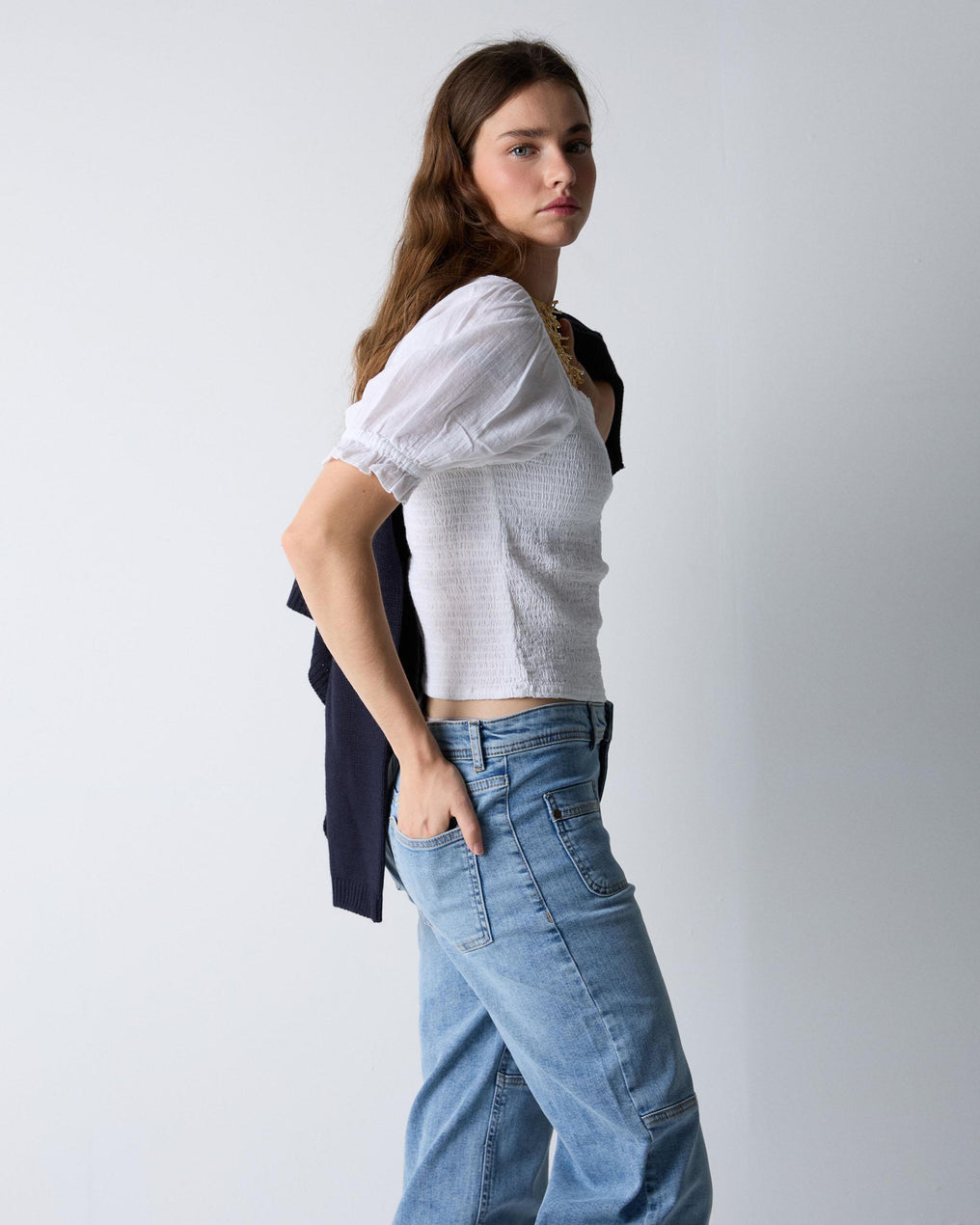 Honeycomb Blouse with White Back Neckline