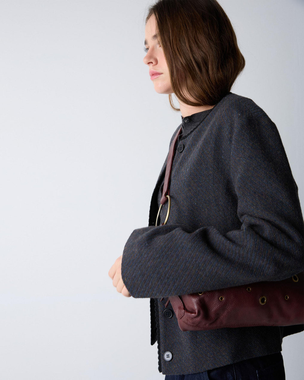 Chaqueta Botones Puntilla Mezcla Lana Marrón