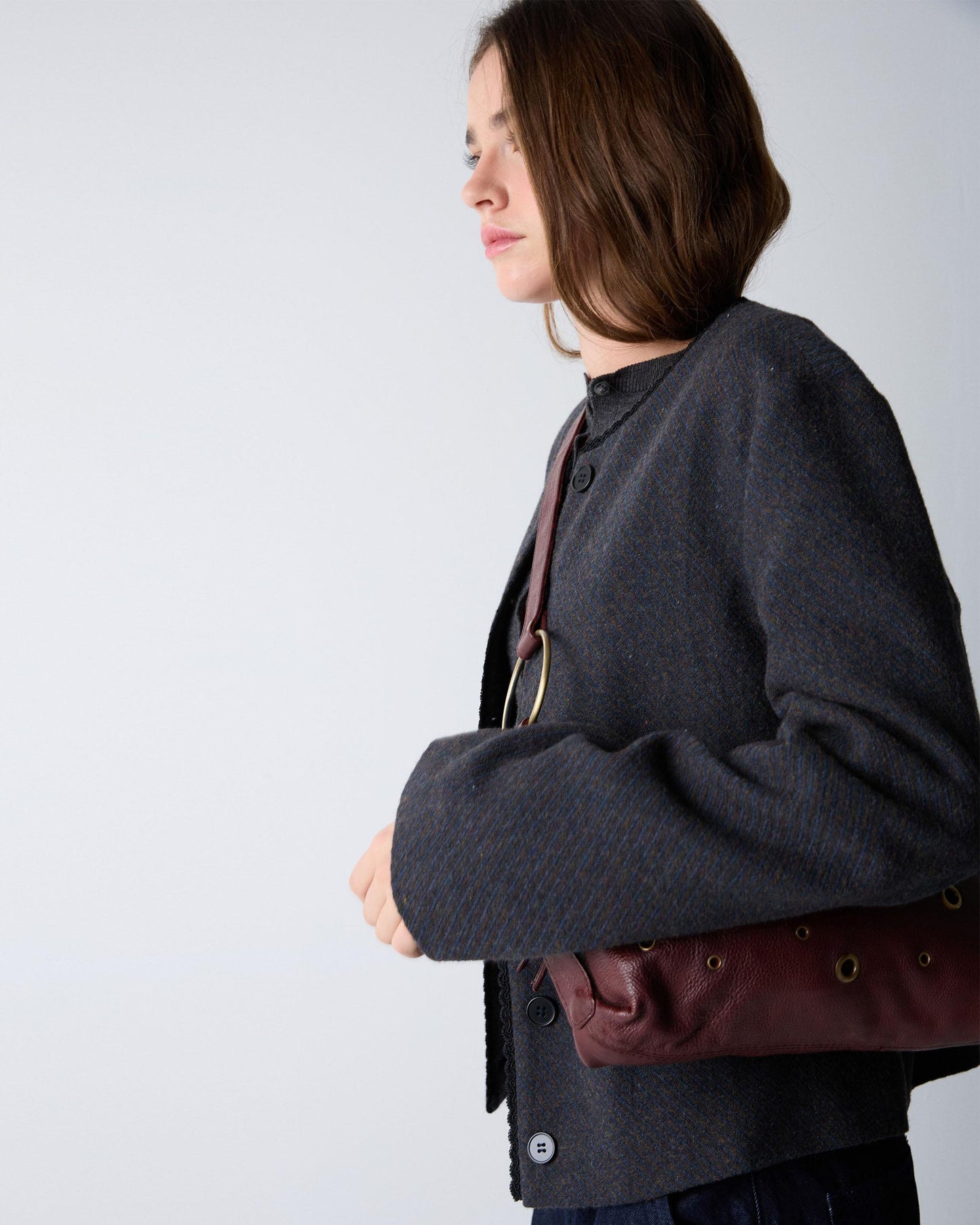 Chaqueta Botones Puntilla Mezcla Lana Marrón