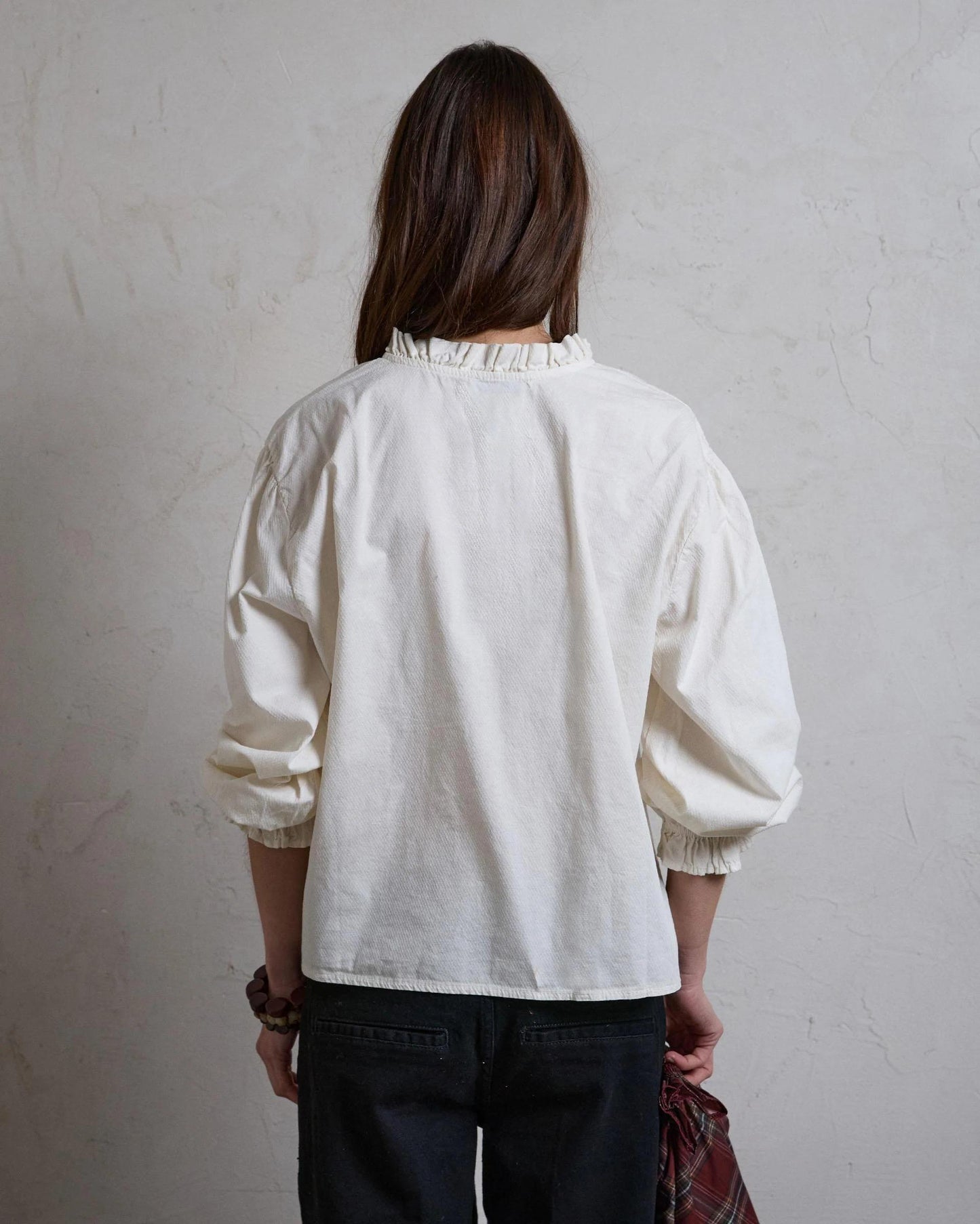 Blouse with Ruffle Detail and Raw Collar