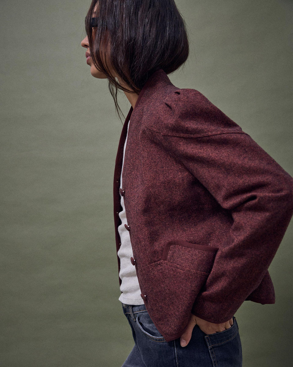 Chaqueta Ribete Contraste Mezcla Lana Teja
