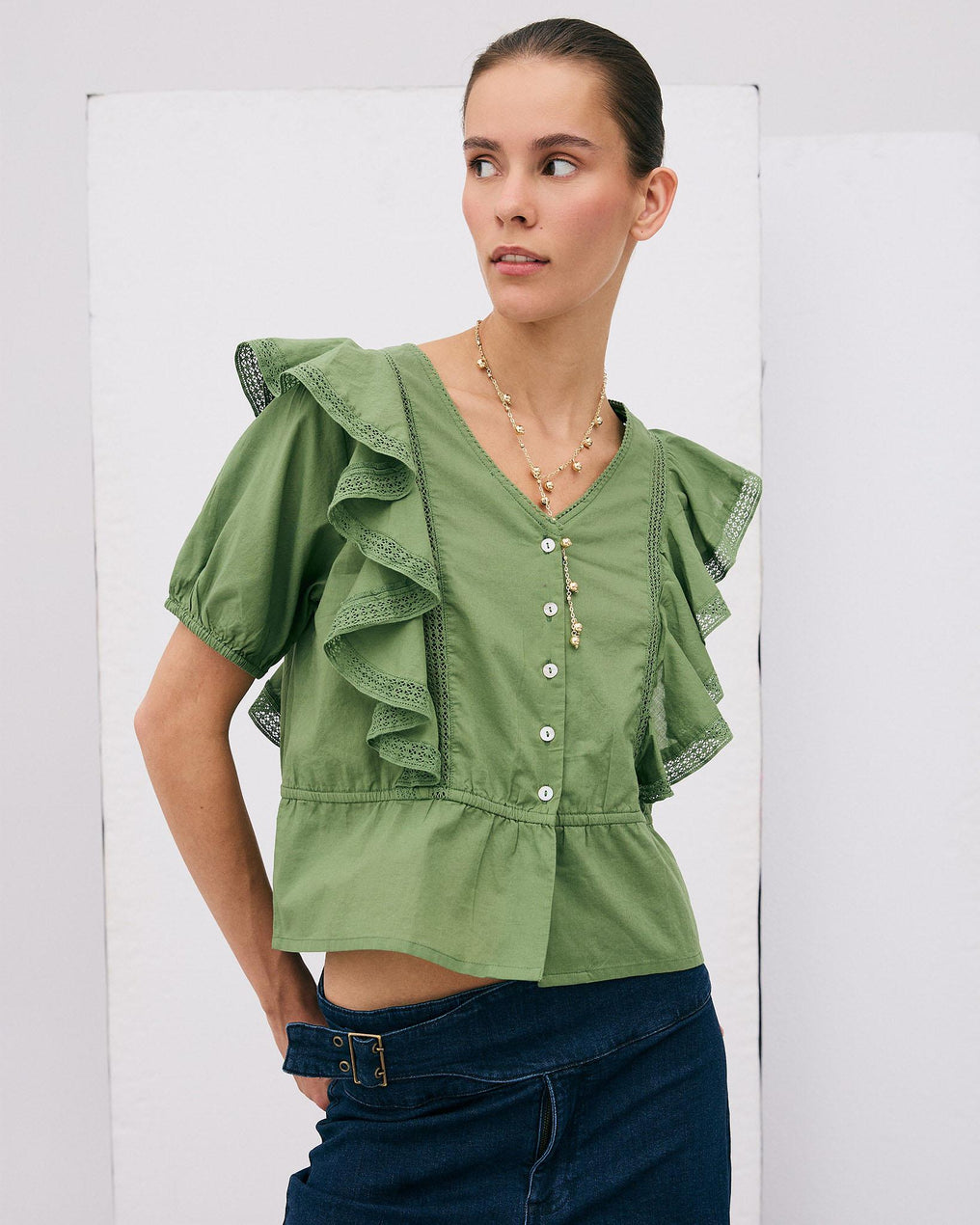 Short Sleeve Ruffle Button Up Blouse Green