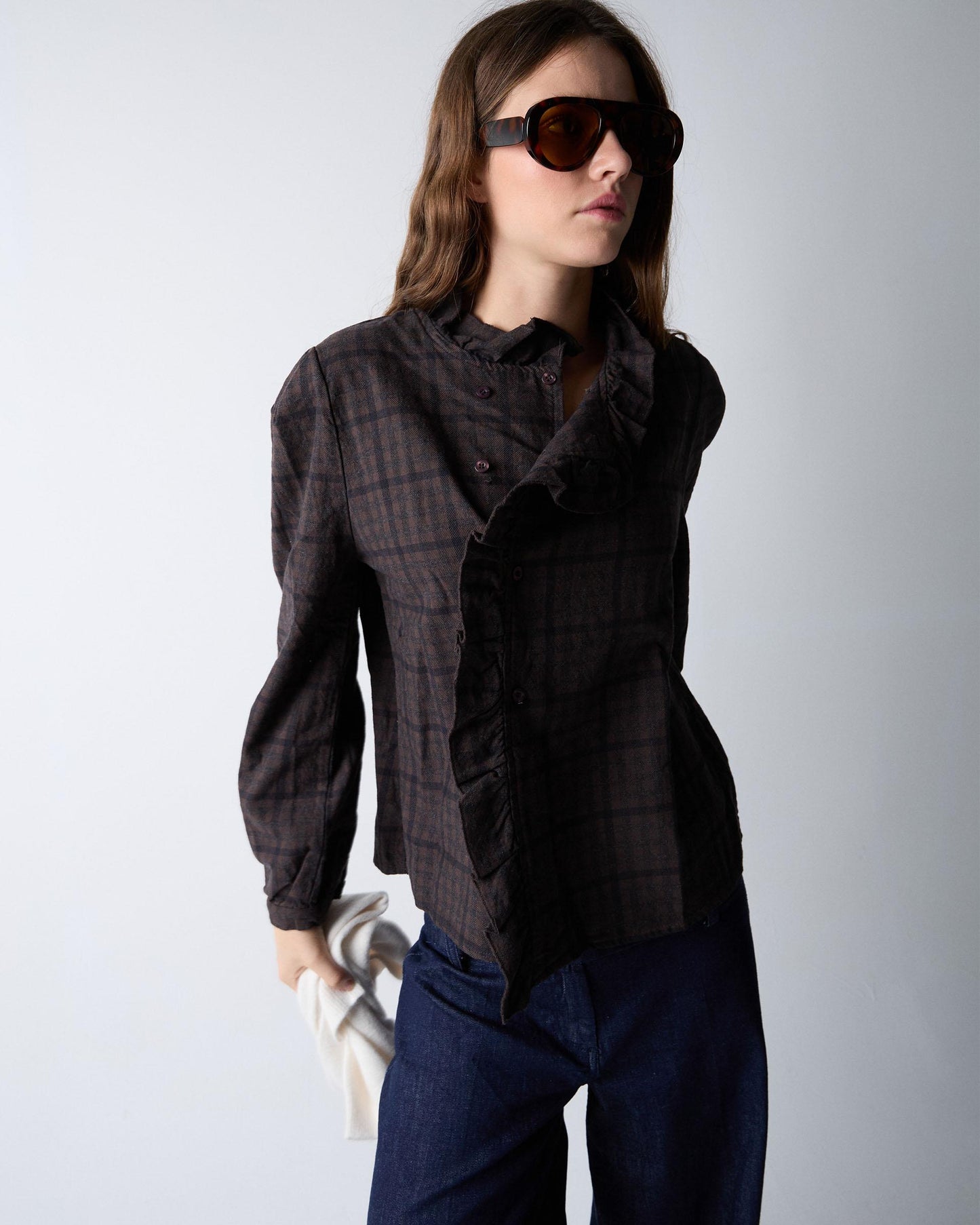 Blusa Volante Lateral Cuadros Marrón