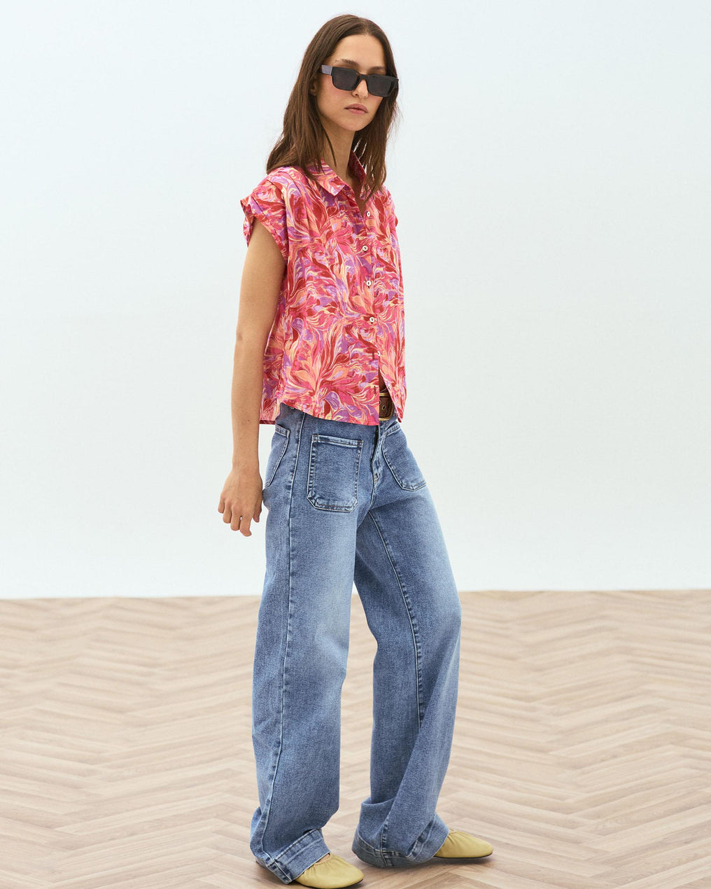 Chemise sans Manches Plis Imprimé Floral Fuchsia