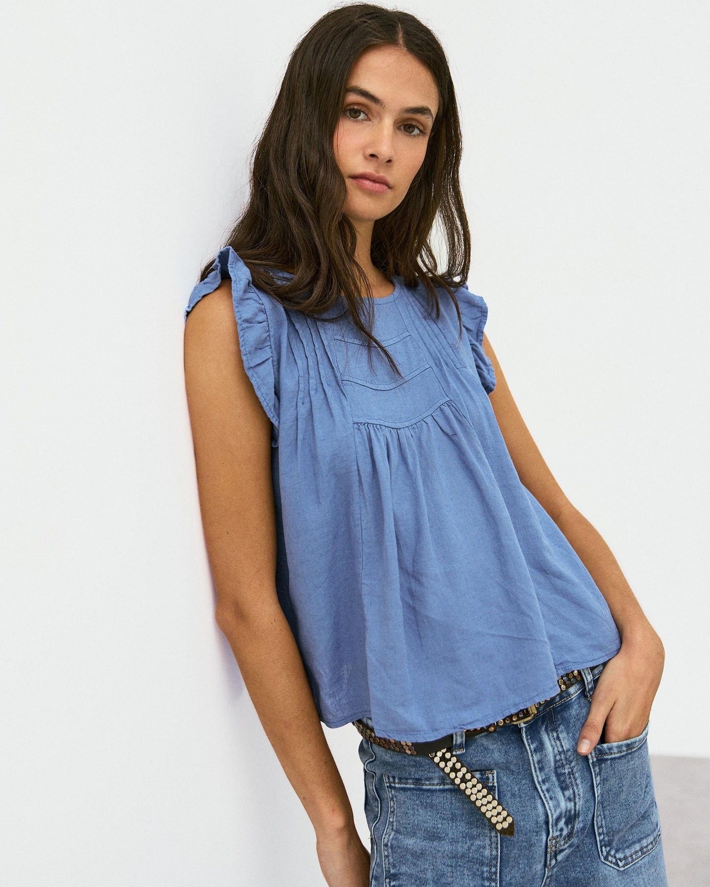Blouse Volants Manches Bleu Foncé