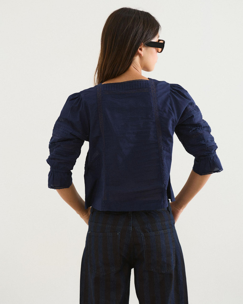 Navy Blue Square Neck Lace Blouse