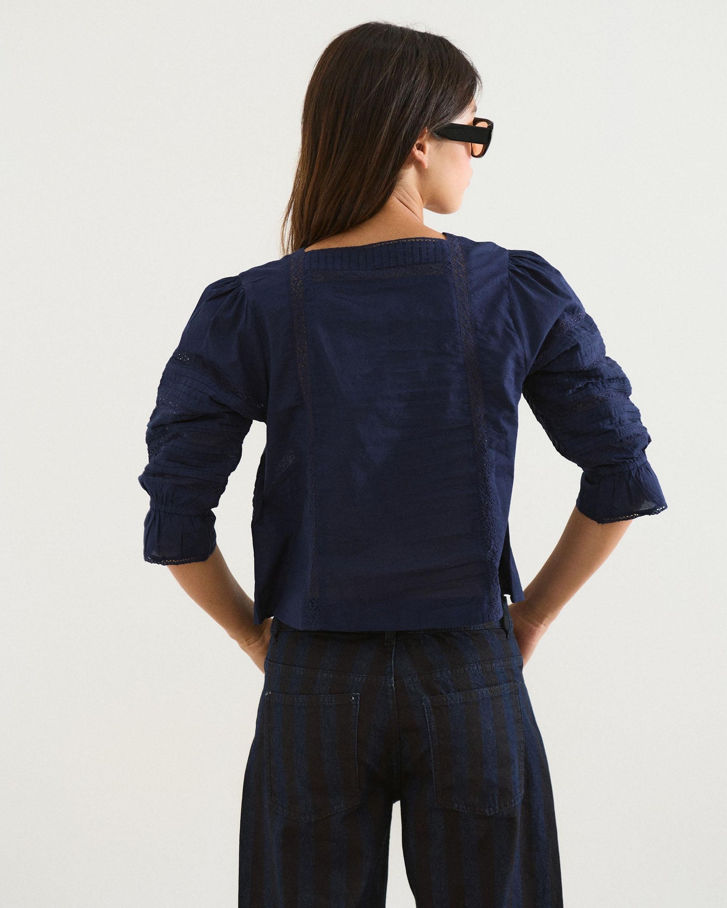 Navy Blue Square Neck Lace Blouse