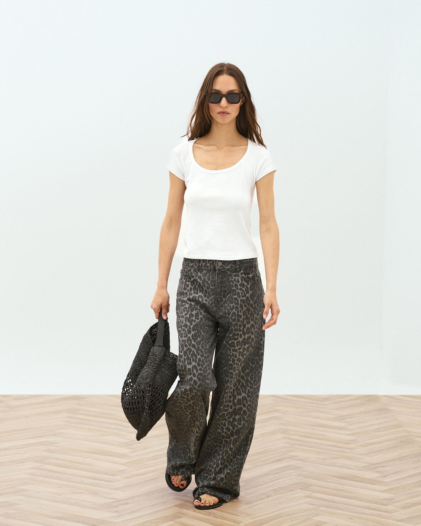 Jeans Wide Leg Animal Print Cinzento