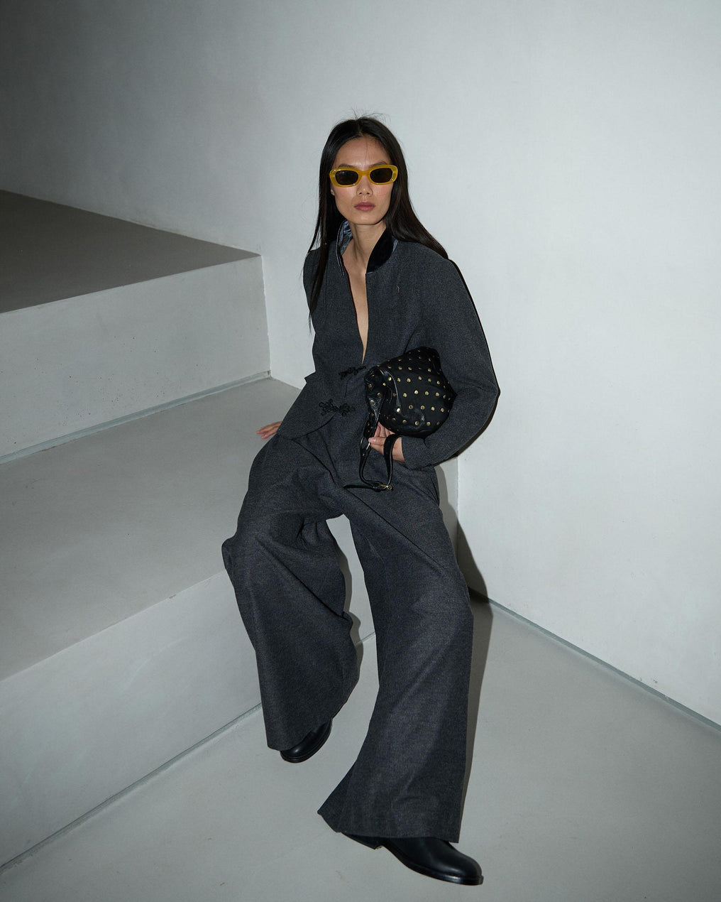 Gray Wool Blend Coat with Japanese Zippers