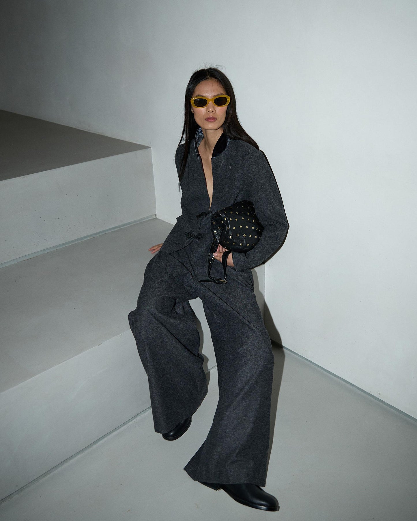 Gray Wool Blend Coat with Japanese Zippers