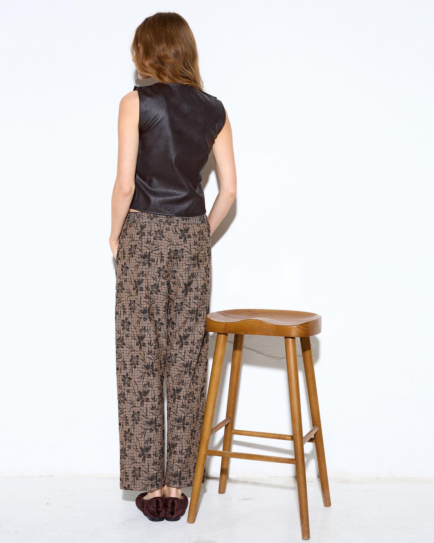 Brown Floral Plaid Print Trousers