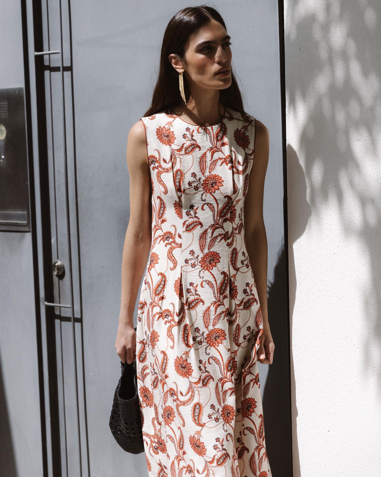 Robe sans Manches Imprimé Floral Écru