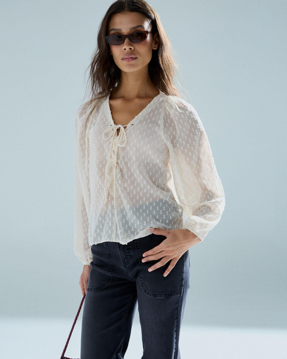 White Swiss-Dot Tie Blouse