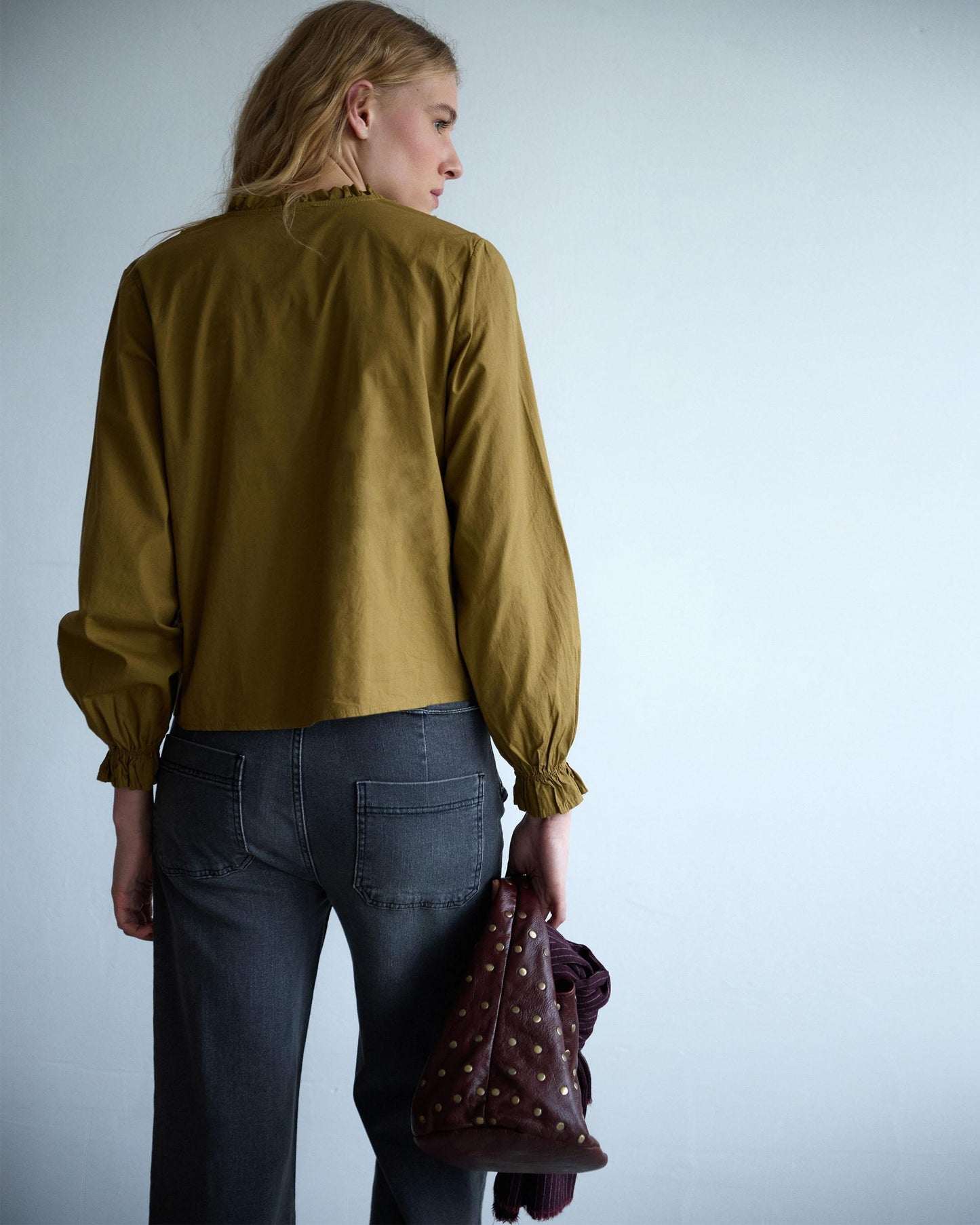 Green V-Neck Ruffle Blouse