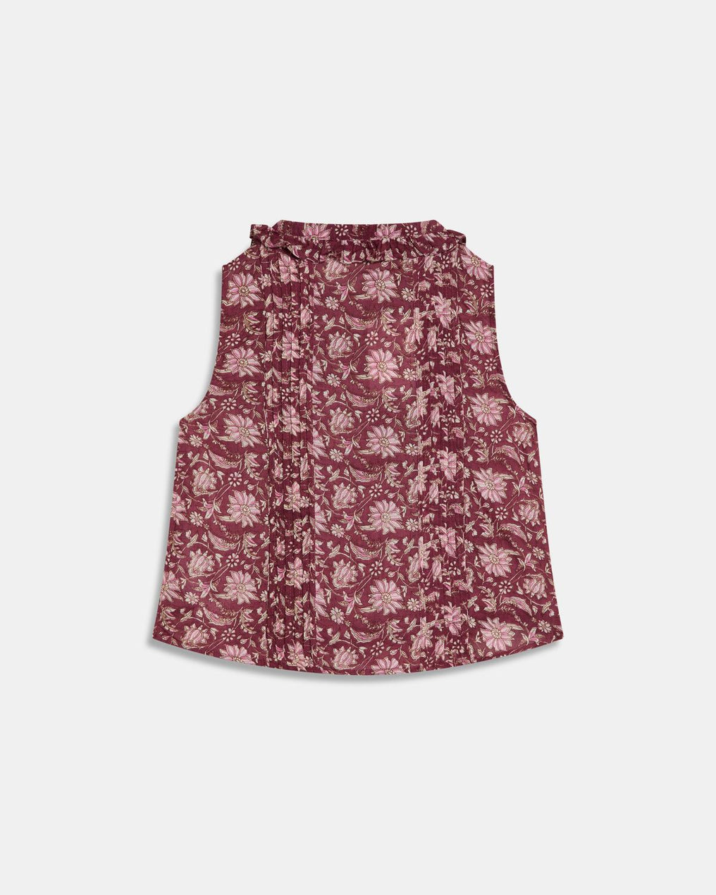 Blouse sans Manches Plastron Imprimé Floral Grenat