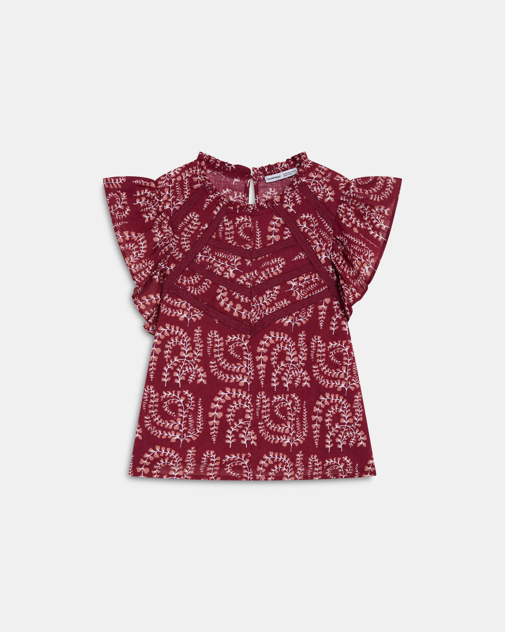 Blusa Manga Curta Folhos Rendas Estampada Grená