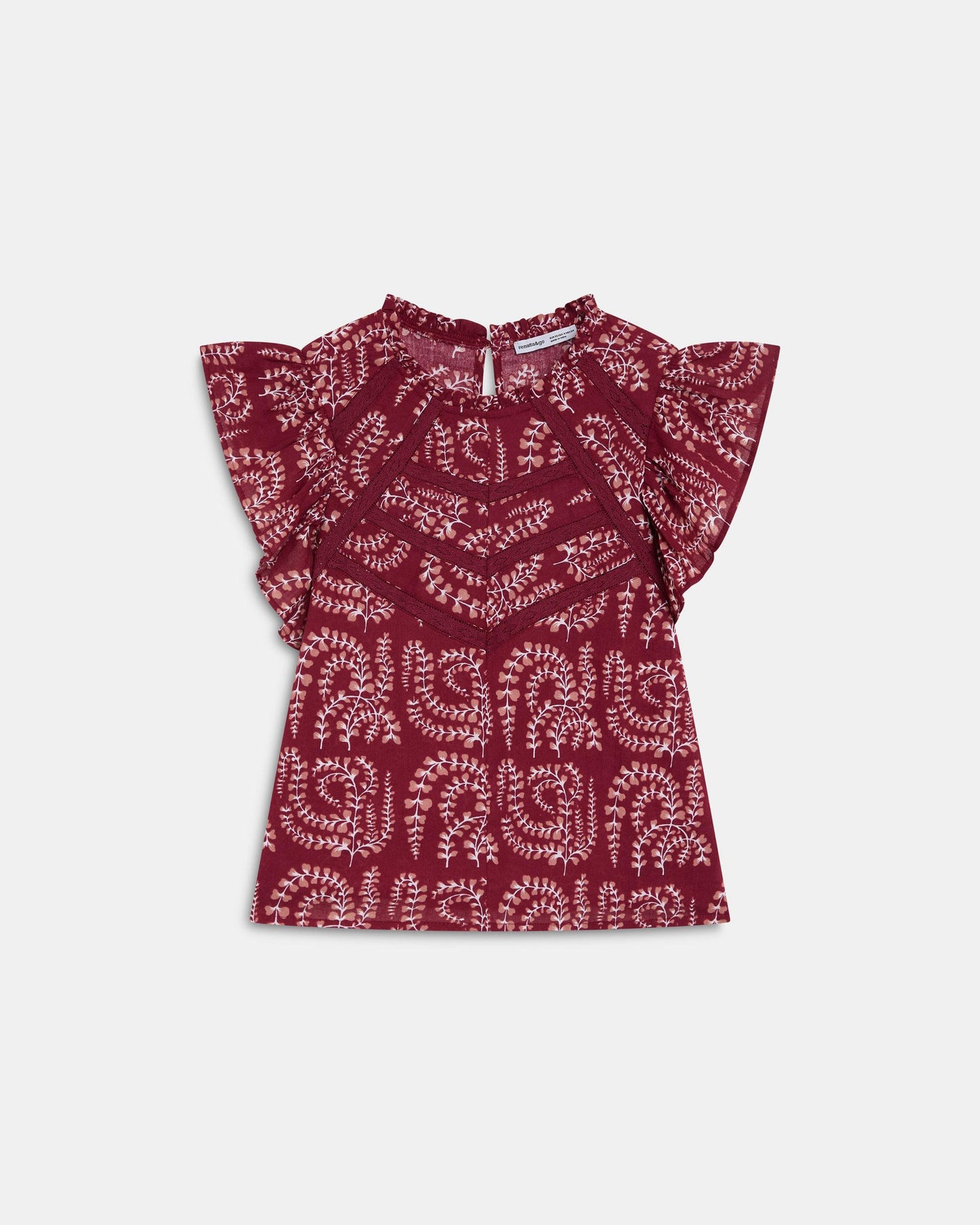 Blusa Manga Curta Folhos Rendas Estampada Grená