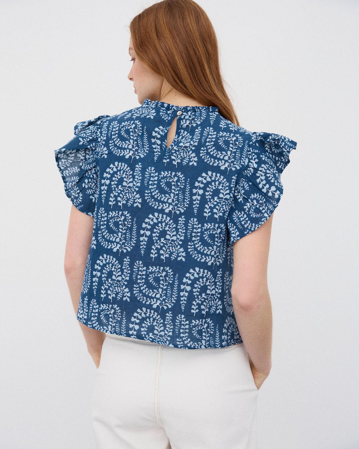 Blusa Manga Corta Volantes Puntillas Estampada Azul Oscuro