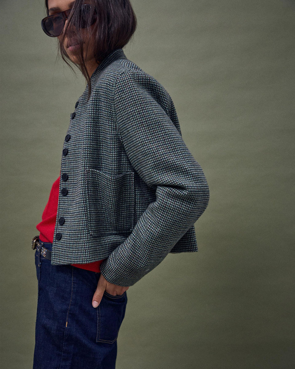 Chaqueta Corta Botones Mezcla Lana Verde