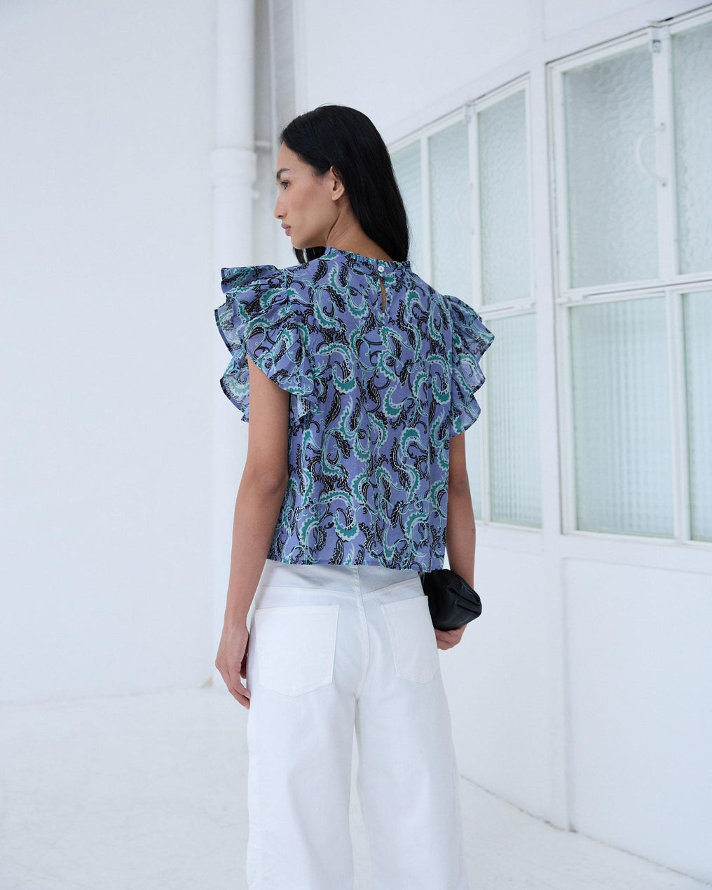Blusa Manga Curta Volantes Rendas Padrão Azul