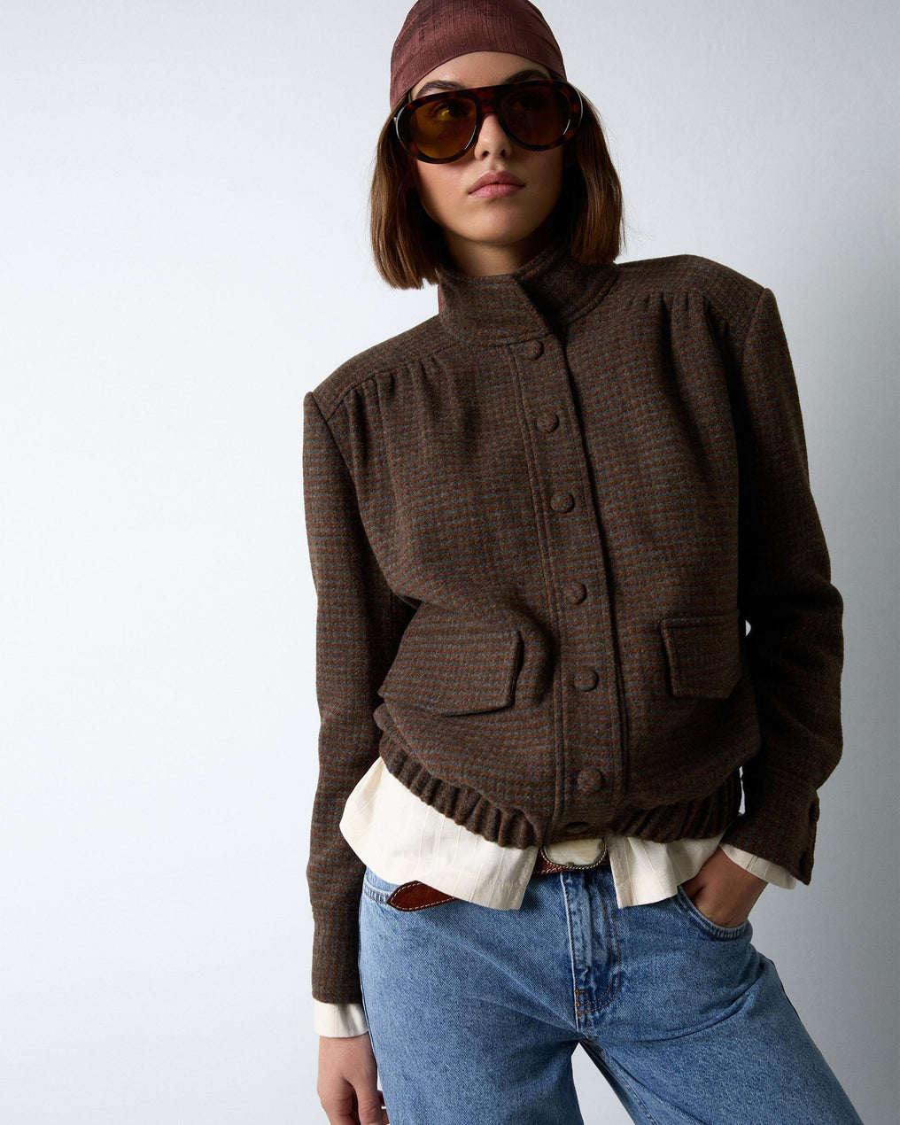 Chaqueta Bomber Canesú Cuadros Con Lana Marrón