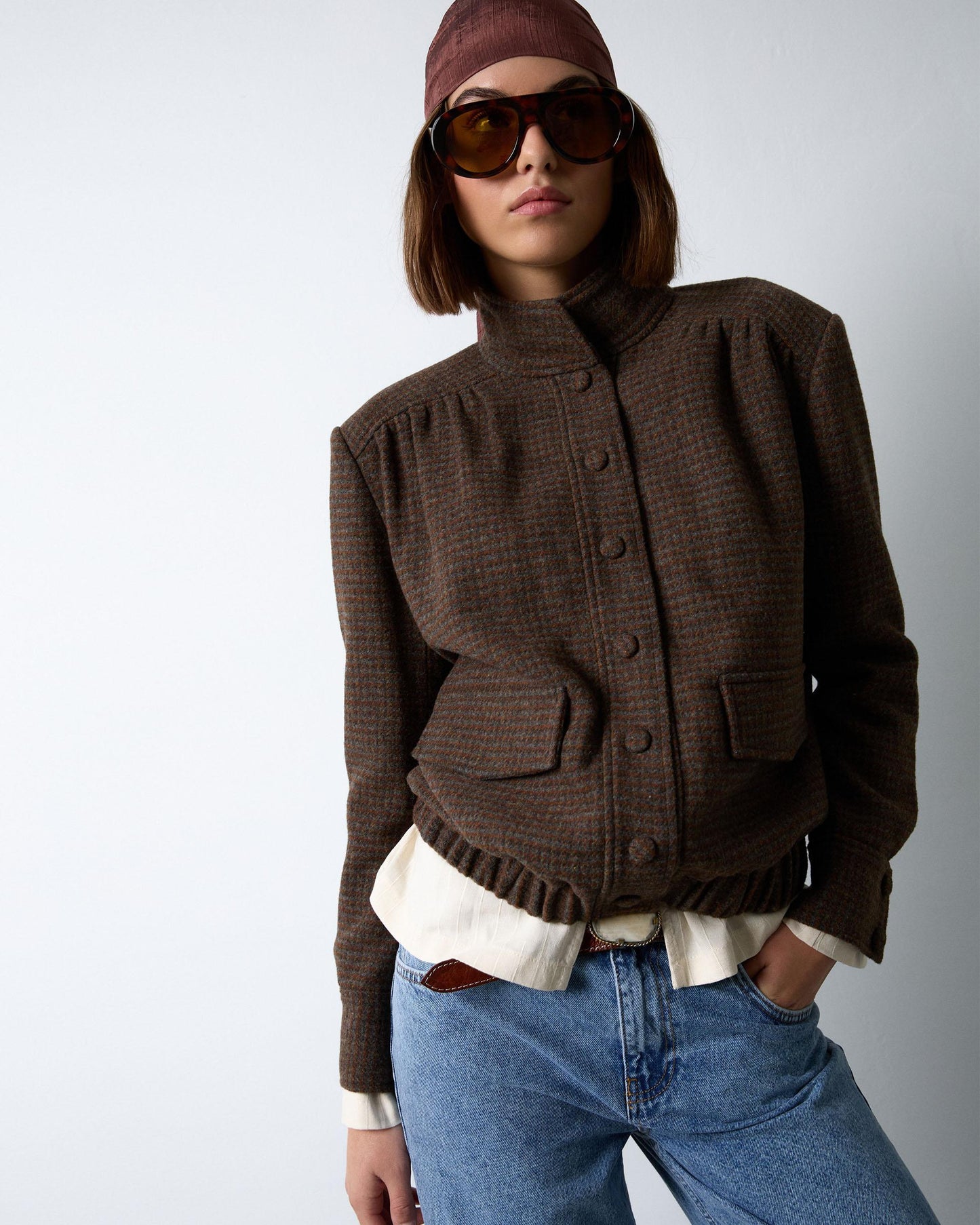 Chaqueta Bomber Canesú Cuadros Con Lana Marrón